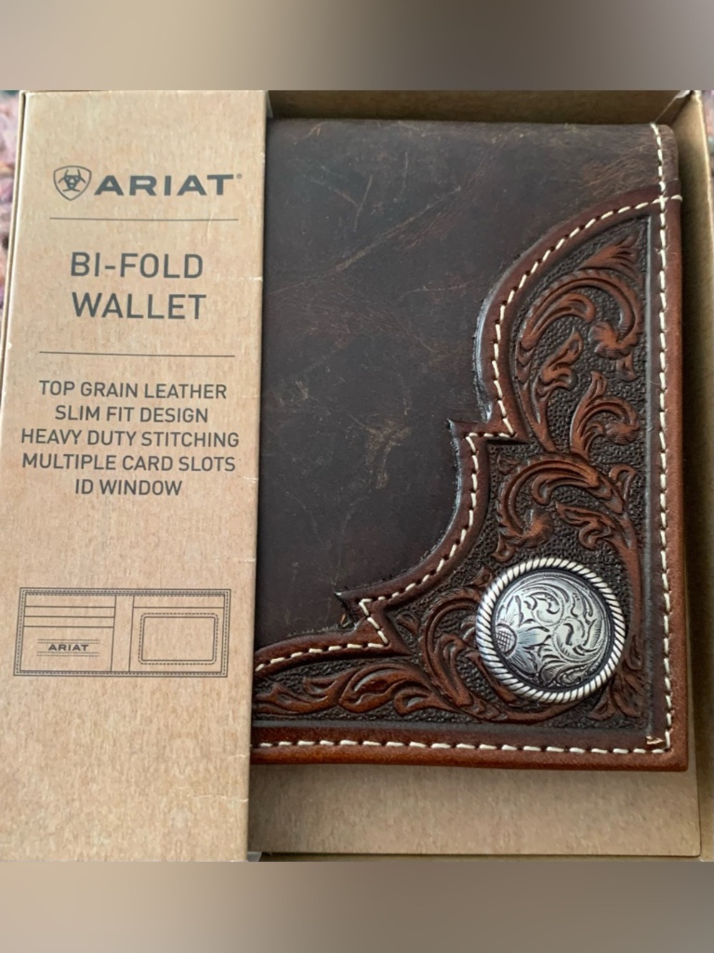 Ariat Brown Tooled Leather Bi-Fold Wallet with Silver Concho